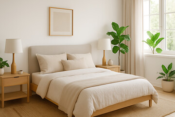 A bedroom with a bed, two nightstands, two lamps, two plants and a picture hanging on the wall