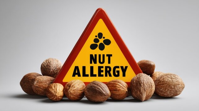 Nut allergy warning sign with whole nuts surrounding