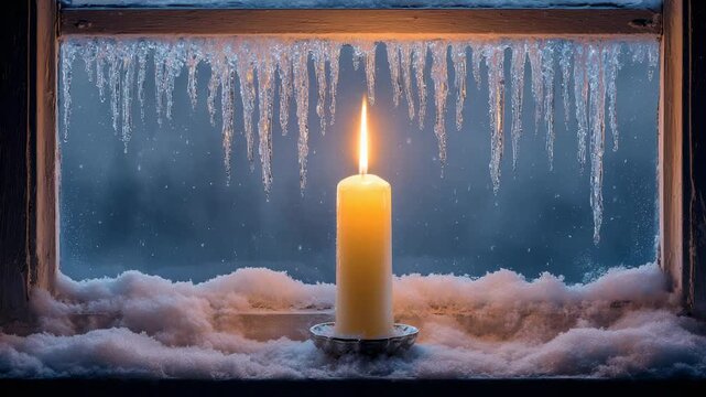 Burning candle on frosty windowsill with snow and icicles outside creating peaceful winter evening mood