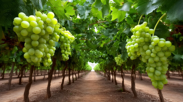 Green grapes cluster on vines in lush vineyard. Rows of grapevines stretch under bright sky creating tranquil farming landscape. Concept of agriculture, winemaking, vineyard tours - Powered by Adobe