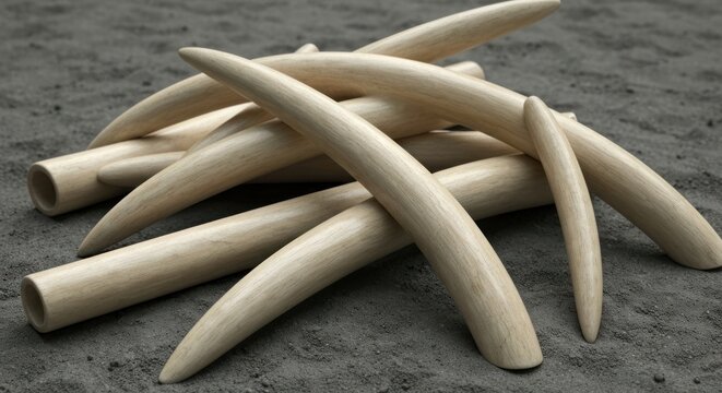 A pile of long, curved, ivory-colored objects rests on a textured surface