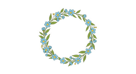 A delightful hand-drawn floral wreath featuring small blue flowers with yellow centers and vibrant green leaves, forming a perfect circular frame.
