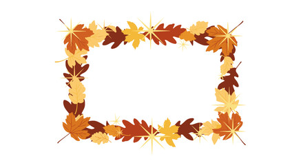 Elegant fall foliage frame with maple and oak leaves in warm autumn hues, embellished with glittering starbursts, on a white background.