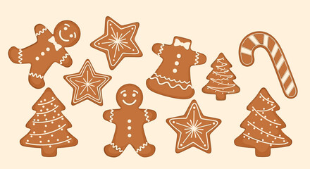 A festive assortment of traditional gingerbread cookies in various shapes, decorated with white icing, perfect for holiday celebrations and winter themes.