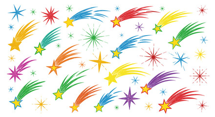 Colorful hand-drawn shooting stars and shimmering starbursts create a festive and cheerful pattern on a white background, perfect for celebrations.