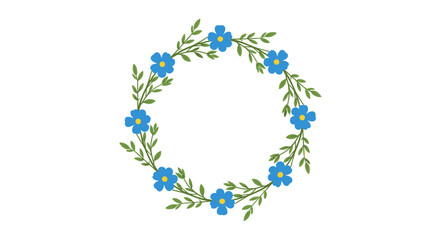 Blue flowers and green leaves arranged in a circular wreath on a plain white background, perfect for invitations or decorative elements.