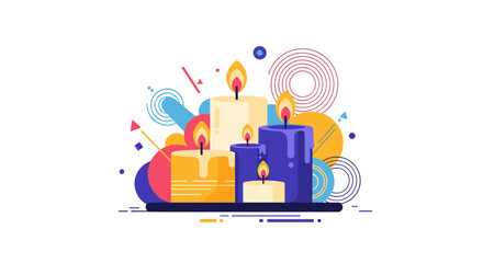 Colorful flat design vector illustration depicting a group of lit candles surrounded by abstract geometric shapes, perfect for festive occasions.