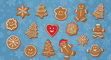 A festive collection of gingerbread cookies in various shapes and decorated with icing, set against a snowy blue background for Christmas.