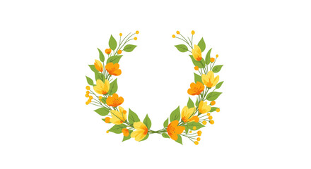 An elegant circular floral wreath featuring vibrant yellow and orange flowers intertwined with fresh green leaves on a white background.