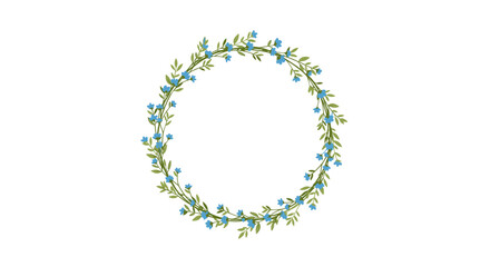 Charming blue floral wreath with lush green leaves, creating a beautiful round frame, perfect for decorative borders or invitations.