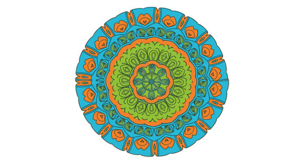 Colorful and intricate circular mandala design, featuring symmetrical patterns in vibrant teal, orange, and green hues, set against a clean white background.
