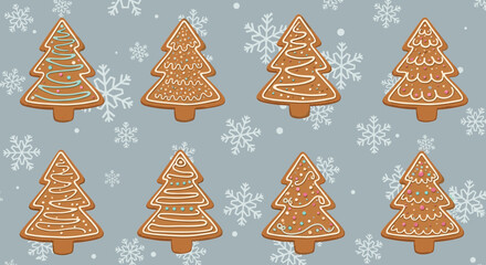 Gingerbread Christmas trees pattern with festive icing and colorful sprinkles on a snowflake background, perfect for holiday celebrations.