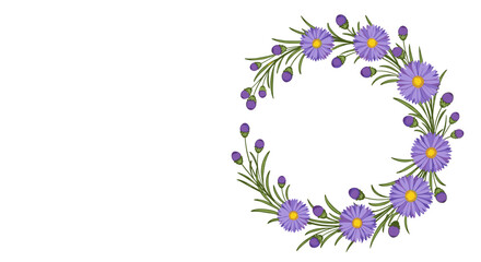 Vibrant purple aster flower wreath with green leaves and buds forming a decorative circular border on a clean white background, perfect for spring designs.