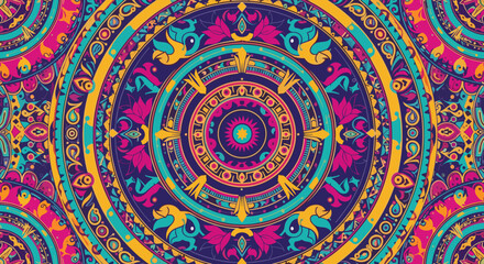 Vibrant and intricate mandala design featuring colorful floral and bird motifs in a traditional, seamless pattern.