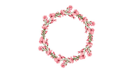 A delicate, watercolor-style circular wreath made of pink cherry blossoms and green foliage, ideal for spring and wedding designs.