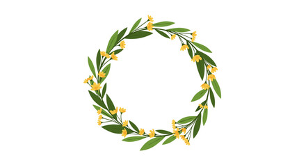A vibrant circular wreath featuring fresh green leaves and delicate yellow flowers, perfect for seasonal designs and invitations.