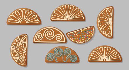 A collection of beautifully decorated gingerbread cookies in half-moon shapes with various icing patterns, perfect for holiday baking and sweet treats.