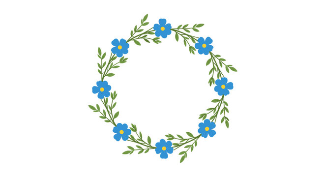 Blue flowers and green leaves arranged in a circular wreath on a plain white background, perfect for invitations or decorative elements.