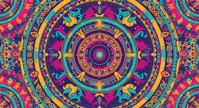Vibrant and intricate mandala design featuring colorful floral and bird motifs in a traditional, seamless pattern.