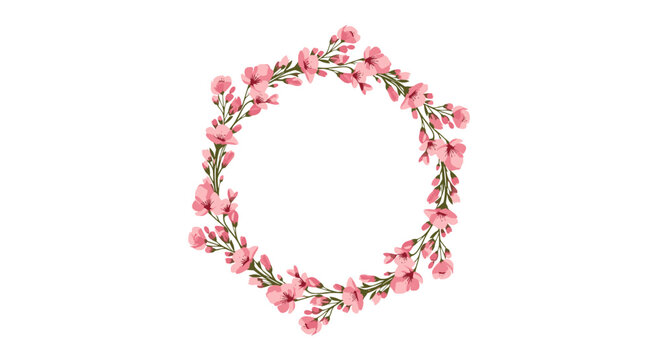 A delicate, watercolor-style circular wreath made of pink cherry blossoms and green foliage, ideal for spring and wedding designs.