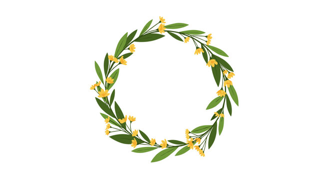 A vibrant circular wreath featuring fresh green leaves and delicate yellow flowers, perfect for seasonal designs and invitations.
