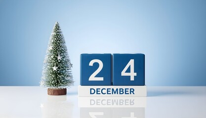 Christmas Eve Countdown: A serene winter scene with a miniature Christmas tree and a calendar block displaying December 24, evoking the anticipation of Christmas.