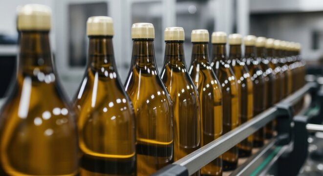 Amber glass bottles on a production line