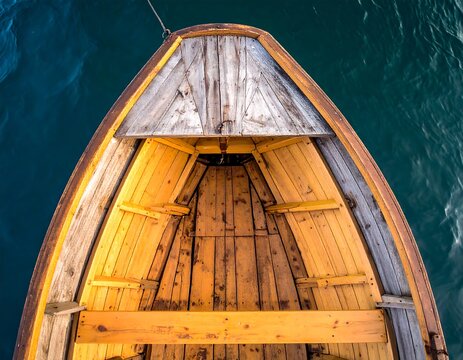 Wooden boat prow, seen overhead, over deep blue water. The craft is old with aged wooden planking and rusty ring