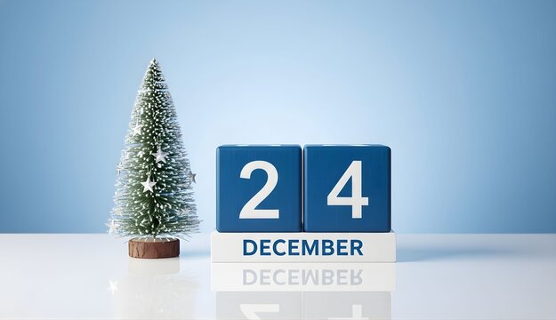 Christmas Eve Countdown: A serene winter scene with a miniature Christmas tree and a calendar block displaying December 24, evoking the anticipation of Christmas.