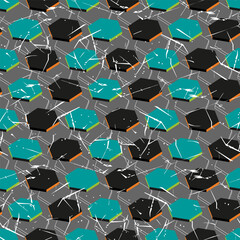 Layered hexagon composition with scratch textures and bold contrast colors creates a modern industrial look. Seamless abstract pattern for technology themes, activewear design and digital projects.