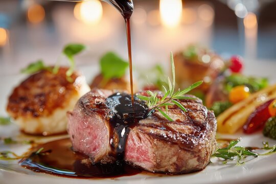 Sauce pours on beef tenderloin, garnished with rosemary and served with vegetables. Great for menu design, advertising fine dining, or illustrating food blogs.