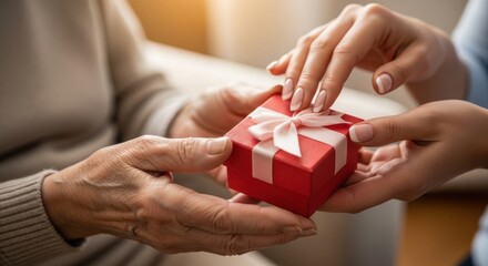 Hands exchanging a red gift box with a ribbon