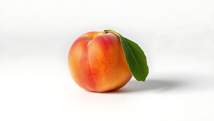 A single fresh peach with a green leaf, professionally photographed in sharp focus on a clean white background.
