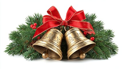 Christmas bells with red ribbon and pine branches isolated on white background for festive holiday decor