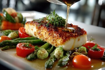 Gourmet fish fillet is drizzled with sauce, atop asparagus and tomatoes. Showcase high-end cuisine for restaurant menus or food blogs.