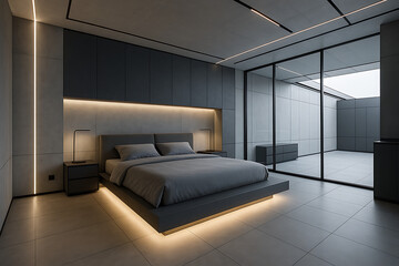 A modern bedroom with a gray bed and large windows showing an outdoor space with gray walls and tile