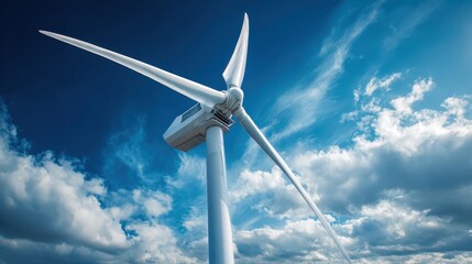 Wind turbine against blue sky and clouds on a sunny day. It can illustrate green energy or environmental protection topics.