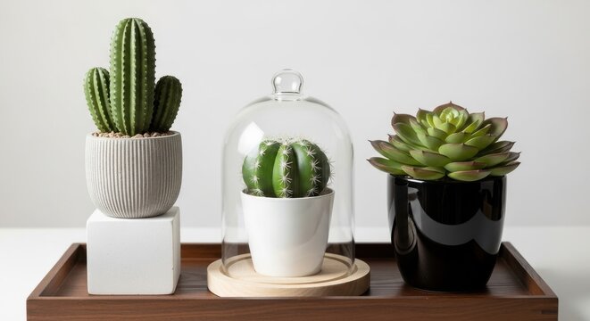 Trio of potted cacti and succulent on wooden tray