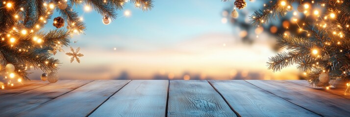 Holiday Decorated Wooden Table with Christmas Lights, Ornaments, and Evergreen Branches