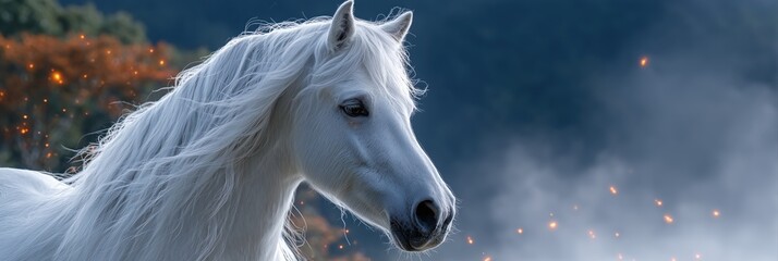 Majestic White Horse Portrait with Glowing Embers in Dark Landscape
