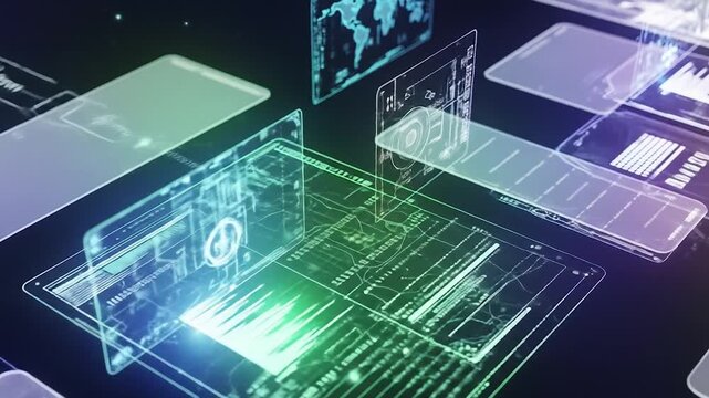 Immersive digital interfaces displaying complex data networks and advanced analytics in a futuristic technological environment, representing global information flow and innovation