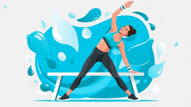 Illustration Of Woman Performing Fitness Exercises With Abstract Blue Water Splashes