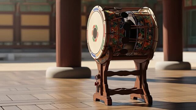 Traditional Korean drum in a temple courtyard.