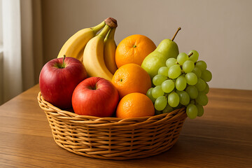 A wicker basket filled with a variety of fresh fruits including apples bananas oranges pear and grapes