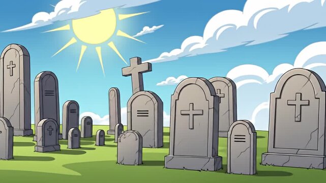Cartoon graveyard with tombstones and crosses under a bright sky.