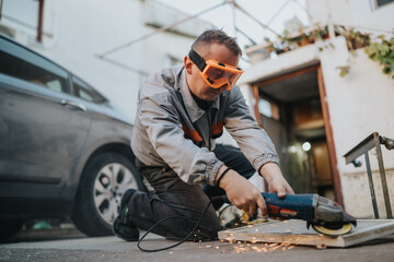 A construction worker crouches on a driveway, cutting a wooden board with an angle grinder. Sparks spray as he concentrates, wearing protective gear in an outdoor work scene with a car nearby.