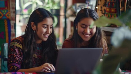 Two young women working together on a laptop in an office setting. They are engaged and focused on the screen as they collaborate using technology for work or project completion.