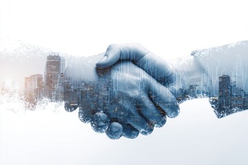 Double exposure handshake with city skyline and abstract graph overlay