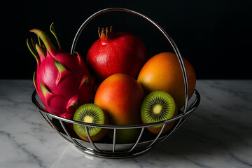 A metal basket filled with a variety of colorful fruits on a marble surface against a dark background