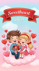 Cartoon couple on cloud with hearts and flowers valentines day romantic scene